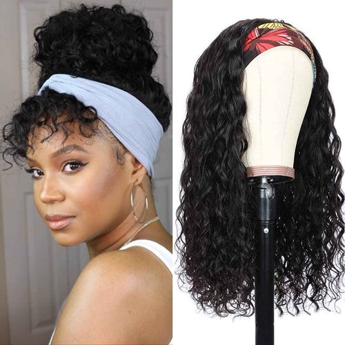 Claudianie Water Wave Headband Wig Human Hair for Black Women - 20 Inch Brazilian Virgin Hair Glueless None Lace Front Wig - Natural Black 150% Density