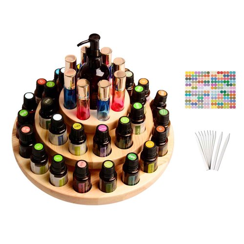 VolksRose Essential Oil Box, Wooden Storage Holds Organizer 39 Slots 3 Layers Essential Oil Container, Aromatherapy Natural Wood Round Rotating Display Rack