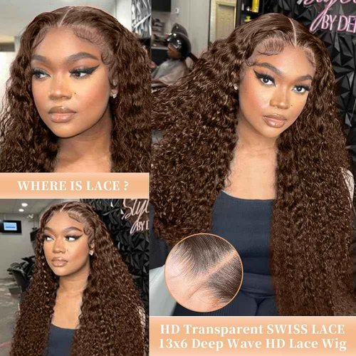 Chocolate Brown Deep Wave Lace Front Wigs Human Hair 13x6 Curly Human Hair Wig 200% Density Wet and Wavy HD Lace Front Wig Human Hair Deep Wave Wig for Women with Baby Hair (Chocolate Brown,26 IN)