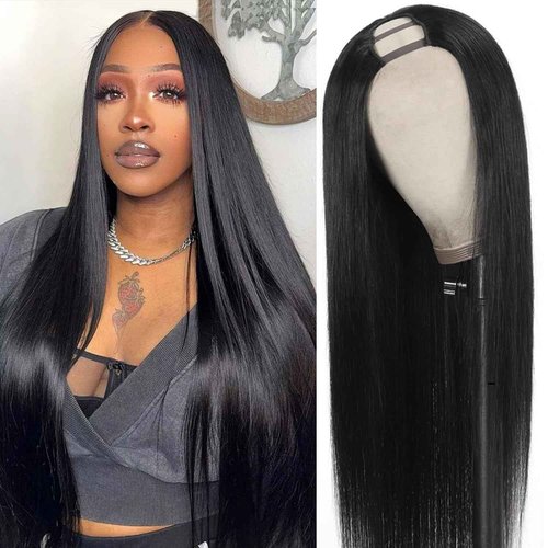Homgoss U Part Wigs With Drawstring for Women Straight Human Hair Wigs 200% Density U Part Human Hair Wigs Can Be Dyed and Bleached(#1B Natural Black, 20 inch)
