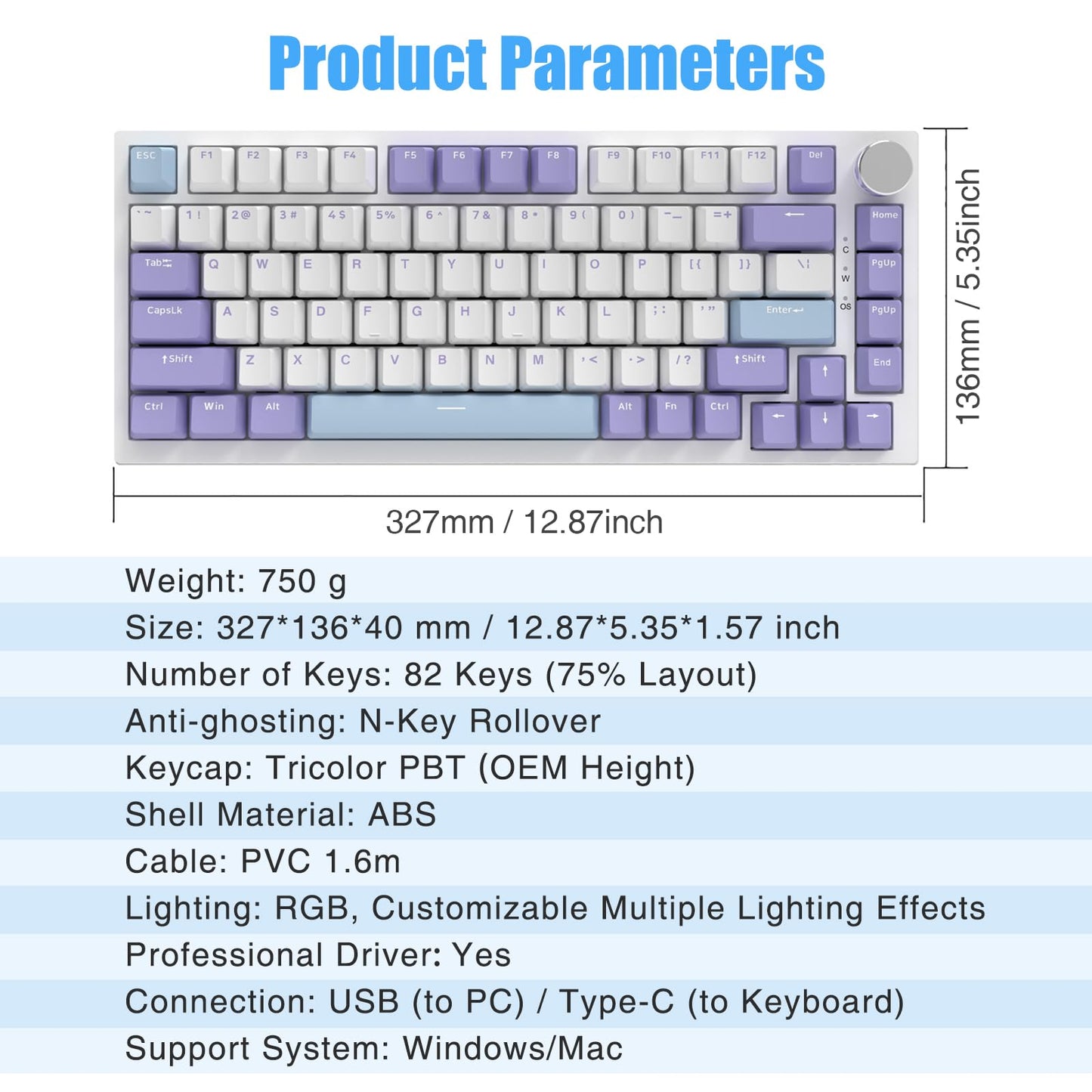 AJAZZ AK820 75% Wired RGB Gasket Mechanical Keyboard with Volume Knob, Compact 82 Keys Hot-Swap Keyboard, OME Profile PBT Keycap, Detachable Type-C Cable (Purple&Blue)