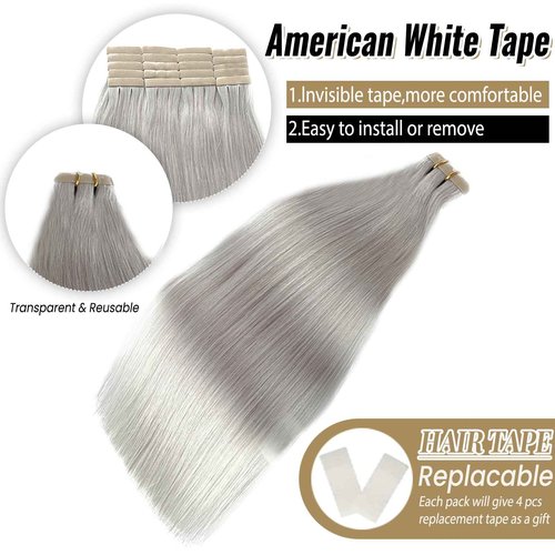 Silver Grey Tape in Hair Extensions Real Human Hair 24 Inch Invisible Seamless PU Tape in Hair Extensions Double Sided Silky Straight Human Hair 50/20pcs