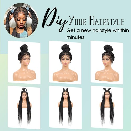 Fecihor 360° HD Full Lace Knotless Braided Wigs for Women Box Braid Wig with Baby Hair Human Hair Blended Natural Looking Black Braided Lace Front Wigs 36 Inch