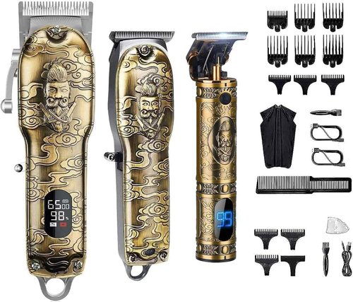 Suttik Haircut Clippers and Trimmers Set of 3, Cordless Ornate Hair Clippers for Men Professional Barber Clippers for Hair Cutting Kit with T-Blade Beard Trimmer Set, Knight, LED Display(Gold)