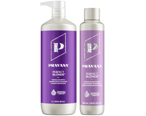 PRAVANA The Perfect Blonde Purple Toning Shampoo and Conditioner Set | Neutralizes Brassy, Yellow Tones | For Color-Treated Hair | Chromasilk Enhances Shine & Protection | Vegan | 33/10 Fl Oz