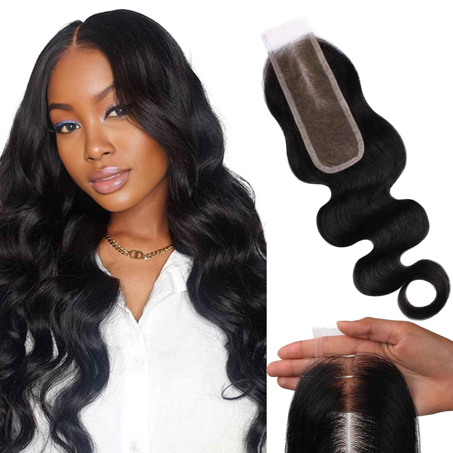 Lashey 2x6 SKINLIKE HD Lace Closure Human Hair Body Wave, 0.10mm Ultra-Thin Invisible Real HD Lace, Pre-Bleached Knots and Pre-Plucked Hairline 18 Inch Natural Black