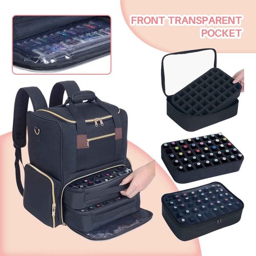 UOZL Nail Polish Organizer Backpack Holds 80 Bottles and a Nail Lamp Supplies with 2 Removable Cases Storage Bag Professional Travel Case for Manicurist (Black)