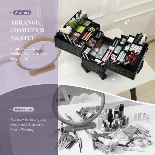 Leeora&Leekoo High-Capacity Multilayer Portable Nail Case for Nail Tech Organizer with Wheels - Lockable Makeup Case Organizer, Cosmetic Case, Makeup Train Case (Black-8045)