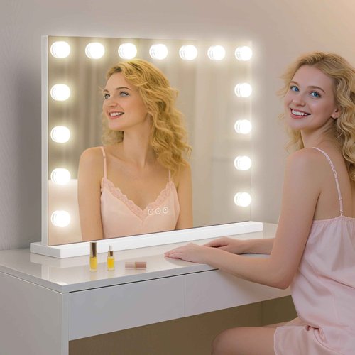 NUSVAN Vanity Mirror with Lights Lighted Makeup Mirror with 15 Dimmable LED Bulbs,3 Color Lighting Modes,USB Charging Port Touch Control,Sturdy Metal Frame Design 24x18 Inch,White