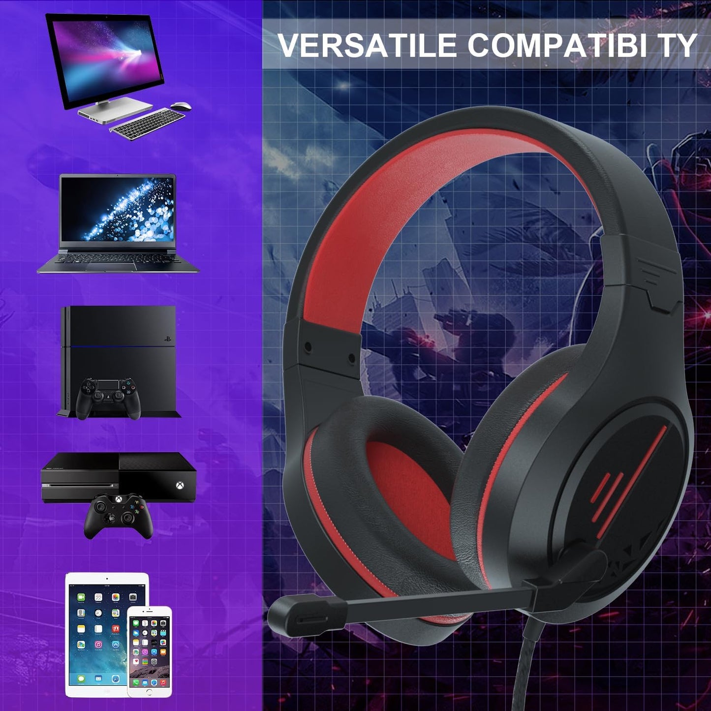 Anivia MH601 Headphones with Microphone Wired Headset with Active Noise Canceling Microphone, 3.5mm Audio Jack Stereo Headphone - Red (Game/Work/School)