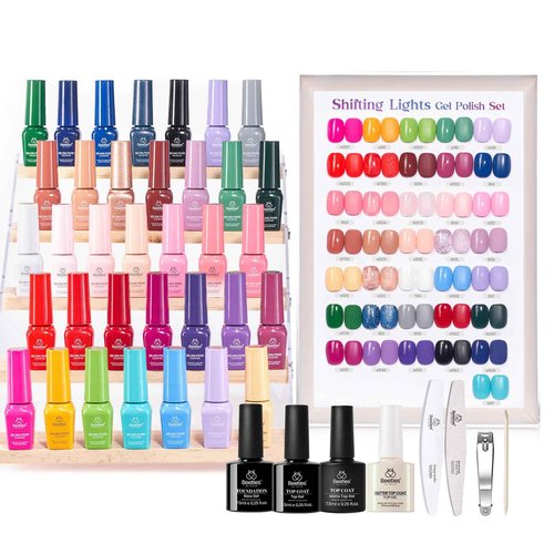 Beetles Gel Polish Shifting Lights - Fall Gel Nail Polish Set Brown Burgundy Red Black White Green Purple Glitter 36 Colors with Base Coat Glossy Matte Glitter Top Coat UV LED Soak Off Gift for Women