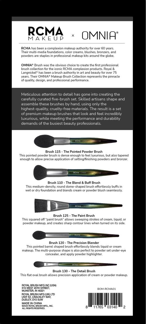 RCMA Makeup x Omnia Professional Makeup Brush 5pc Set, Premium Synthetic Fiber, Iridescent Acrylic Handle, Face Powders, Complexion and Foundation Blending Application Brush set.