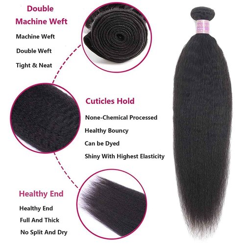 Vligcor Kinky Straight Human Hair Bundles With 4x4 Lace Closure Free Part 16 16 16+14 Inch Natural Black 100% Unprocessed Brazilian Virgin Yaki Straight Hair Extensions (16 16 16+14Closure)