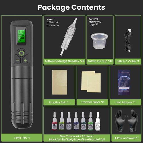 Wireless Tattoo Machine Gun Kit: GEEKERA Wireless Rotary Pen Gun with Power Supply - Professional Tattoo Supplies for Artists - Home Studio & Outdoor Use
