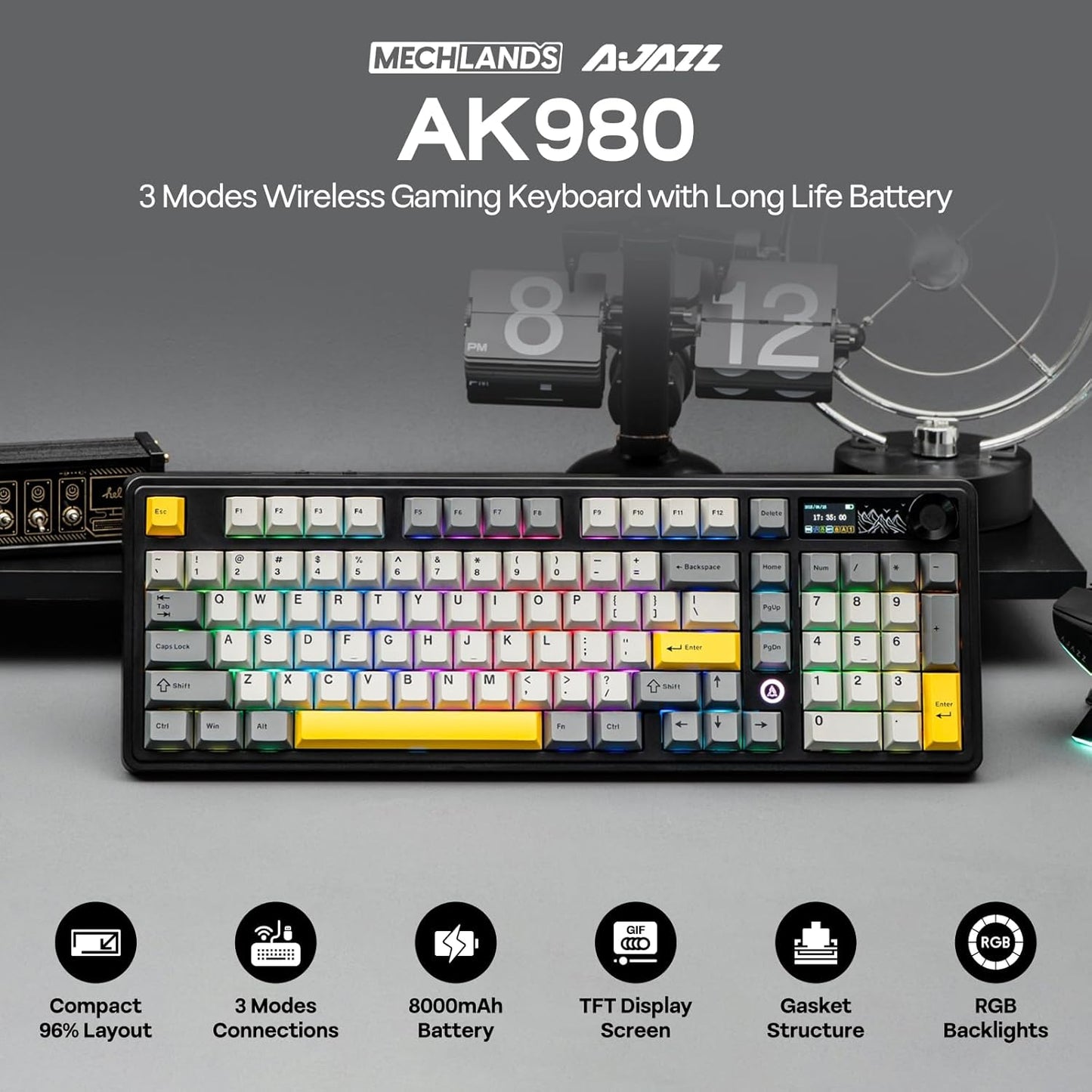 AJAZZ AK980 96% USB-C/BT5.0/2.4GHz Wireless Gaming Keyboard with 1.14’’ TFT Screen, Hot Swappable Creamy Mechanical Keyboard with FR4 Plate, Knob, RGB for Win/Mac (White, Gift V2 Switch)