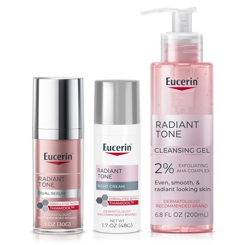Eucerin Radiant Tone Dual Serum Dark Spot Corrector, Serum with Thiamidol and Hyaluronic Acid + Face Cleanser Gel with 2% Exfoliating AHA Complex + Night Cream, Dark Spot Corrector with Thiamidol