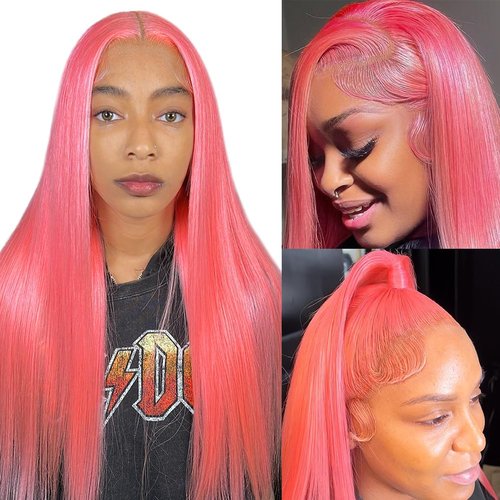 AHUFALU Pink Wear and Go Glueless Wig 13x4 HD Lace Pink Straight Glueless Wigs Human Hair Pre Plucked with baby hair Colored Closure Wigs for Women 150% Density 26Inch