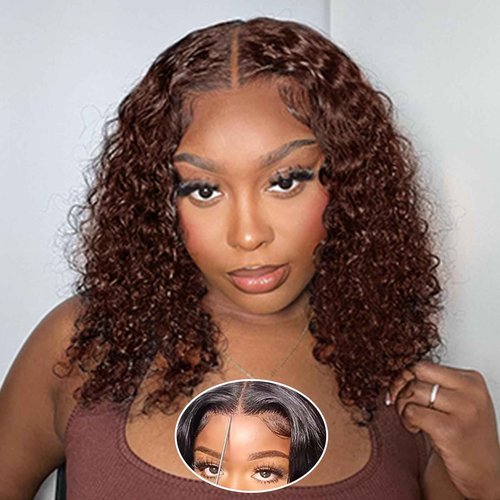 Wear and Go Bob Wig Human Hair Deep Wave Glueless Wigs Human Hair Pre Plucked Pre Cut Chocolate Brown 5x5 HD Lace Closure Curly Wigs for Black Women Lace Front Glueless Wigs Human Hair 14inch