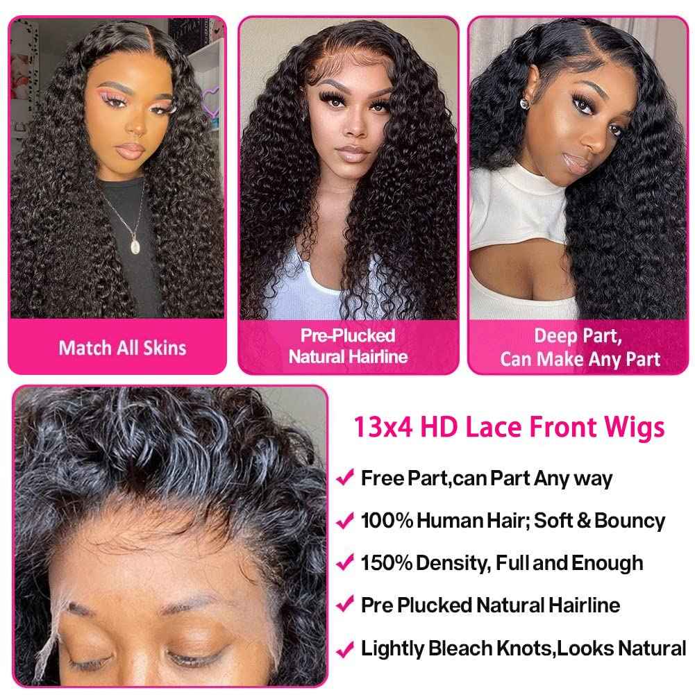 generousies Water Wave Lace Front Wigs Human Hair Wigs for Women 24 Inch 13x4 HD Lace Frontal Wigs Human Hair Pre Plucked 180% Density Wet and Wavy Curly Lace Front Wigs Natural Color