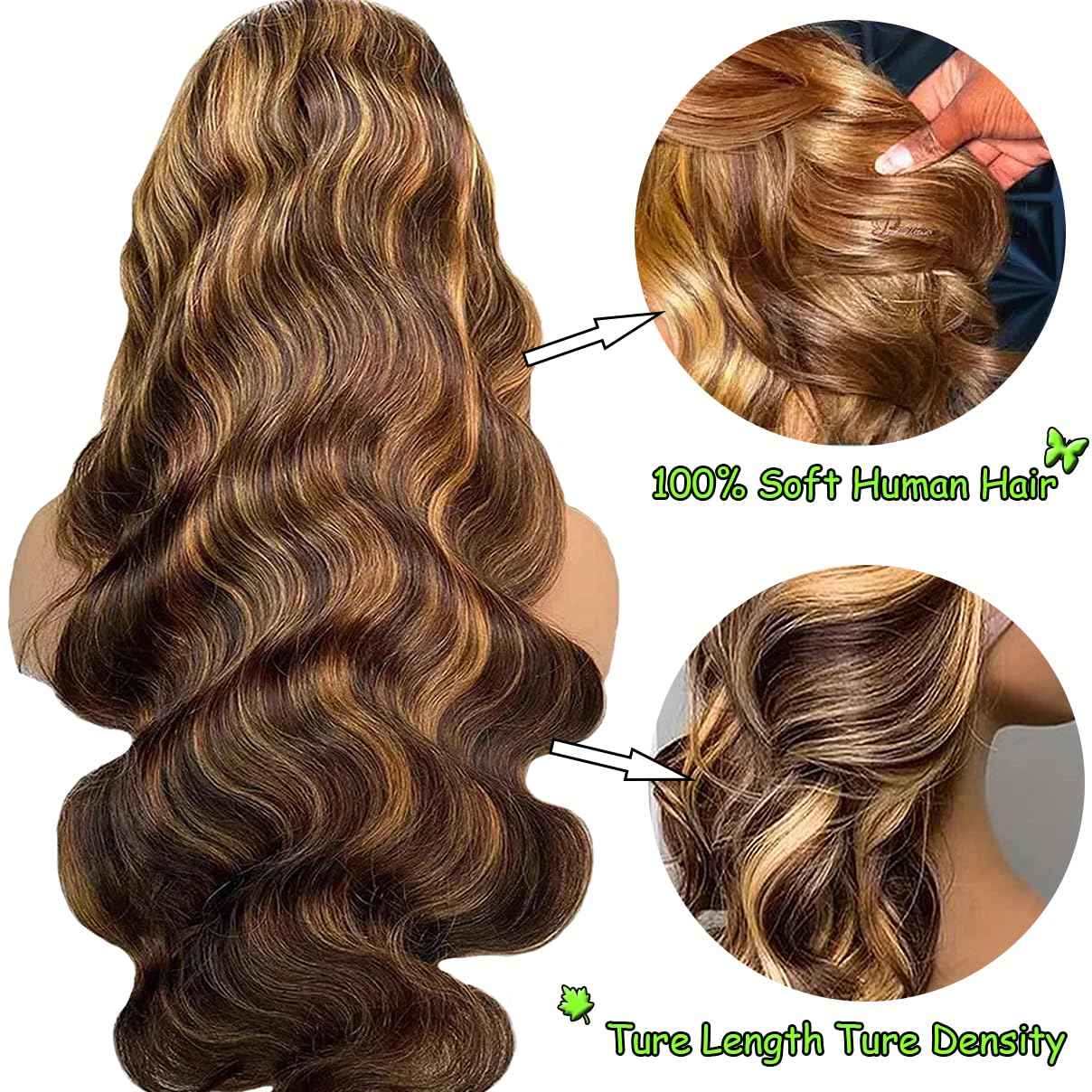 20 Inch Highlight Honey Blonde Lace Front Wig 13×6 Ombre P4/27 Highlight colored Lace Front Wigs Human Hair Pre Plucked Bleached Knots 180% Density