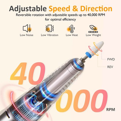 Sunvivi Electric Nail Drill , 40000RPM Powerful Electric Nail File Portable Nail Drill with 11 Drill Bits Rechargeable Efile for for Acrylic Nails Gel Polishing