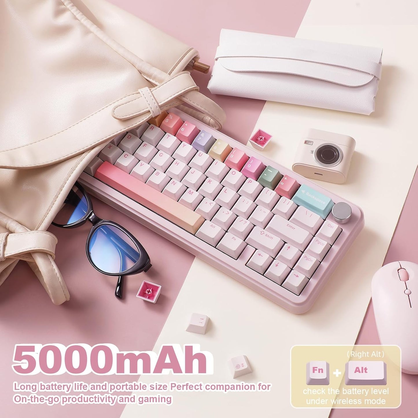 YUNZII B68 Wireless Mechanical Keyboard,Tri-Mode BT5.0/2.4GHz/USB-C,Cute PBT Keycaps,Hot Swappable Creamy Typing Gasket Mounted,RGB Backlit NKRO for Win/Mac (Black, Cocoa Cream V2 Switch)