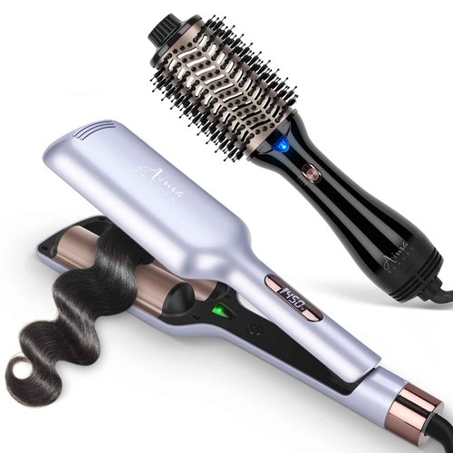 One Step Hair Dryer & Volumizing Hot Air Brush and Twins Mermaid Hair Waver,Anti-Scald Hair Crimper Bundle