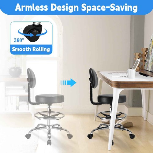 Rolling Stool with Back Adjustable- Ergonomic Back Support, Soft Leather Seat Cushion, Height Adjustability, Rolling Stools Chair with Wheels and Footrest Ring, Massage Office Tatto Salon (Black)