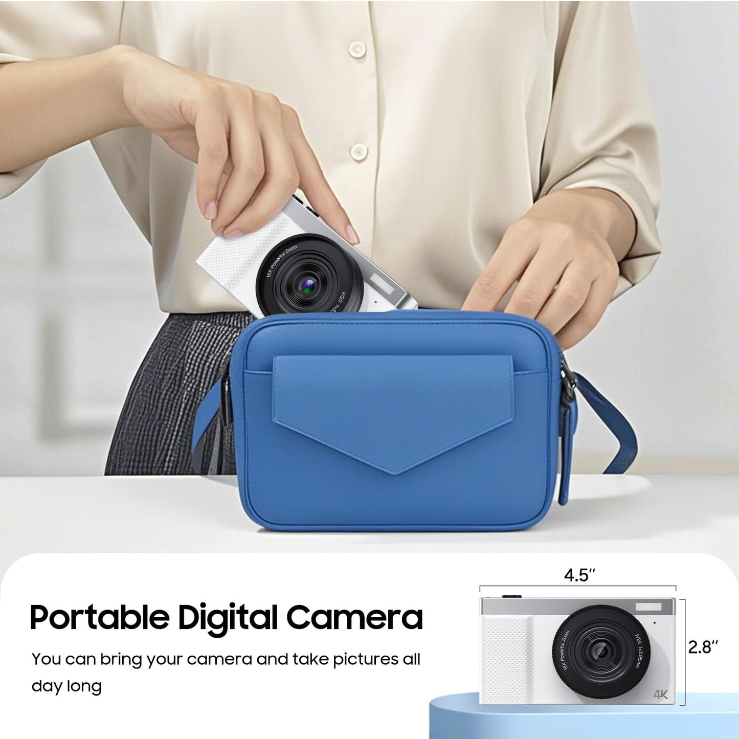 4K Digital Camera, 64MP Vlogging Camera for Photography with 3" 180° Flip Screen, 16X Digital Zoom Point and Shoot Camara with 64GB Micro SD Card for Beginner (White)
