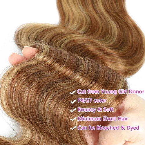 Brown Highlight Ombre Human Hair Bundles Body Wave Bundles 100% Unprocessed Brazilian Virgin Hair Honey Blonde Highlight Body Wave 3 Bundles Double Weft Extensions