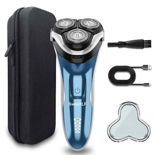 Waterproof Men’s Electric Shaver with Travel Case, Powerful & Quiet, Type C Fast Charge (60min Charge, 120min Use), Precision Trimmer (Blue)