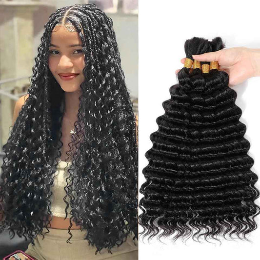 Human Braiding Hair Deep Wave Bulk for Braiding No Weft 12A Brazilian Virgin Curly Extensions for Boho Braids Wet and Wavy Hair (1B-Deep Wave, 22/200g)