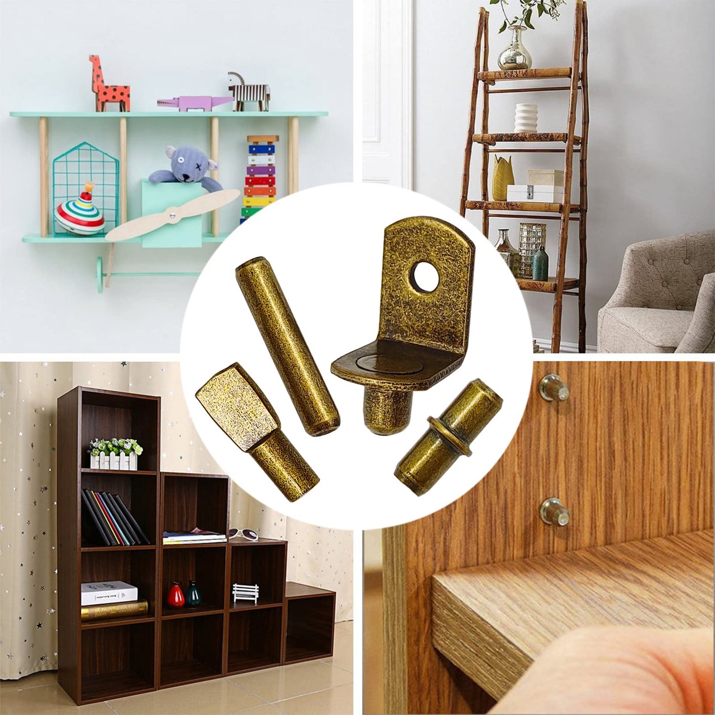 104Pcs Shelf Pins Pegs Kit,4 Styles Shelf Support Pegs,Bookshelf Pegs for Shelves,Cabinet Shelf Bracket Pegs Shelf Holders Pins for Kitchen Furniture & Closet (5mm & 1/4inch,Bronze Tone)