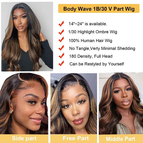 draconenee V Part Wig Human Hair Body Wave 1B/30 Highlight Ombre Wigs for Black Women Wear and Go Glueless Human Hair Wig Upgrade U Part Wigs No Sew in No Glue Beginner Friendly 180% Density 20 inch