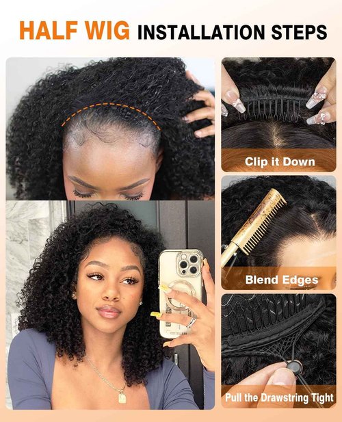 MIMOSHOU Kinky Curly Half Wig Human Hair 16Inch 250% Density 3 In 1 Seamless Flip Over Half Wigs for Women Wear and Go Glueless Headband Wig Human Hair Drawstring Beginner Friendly