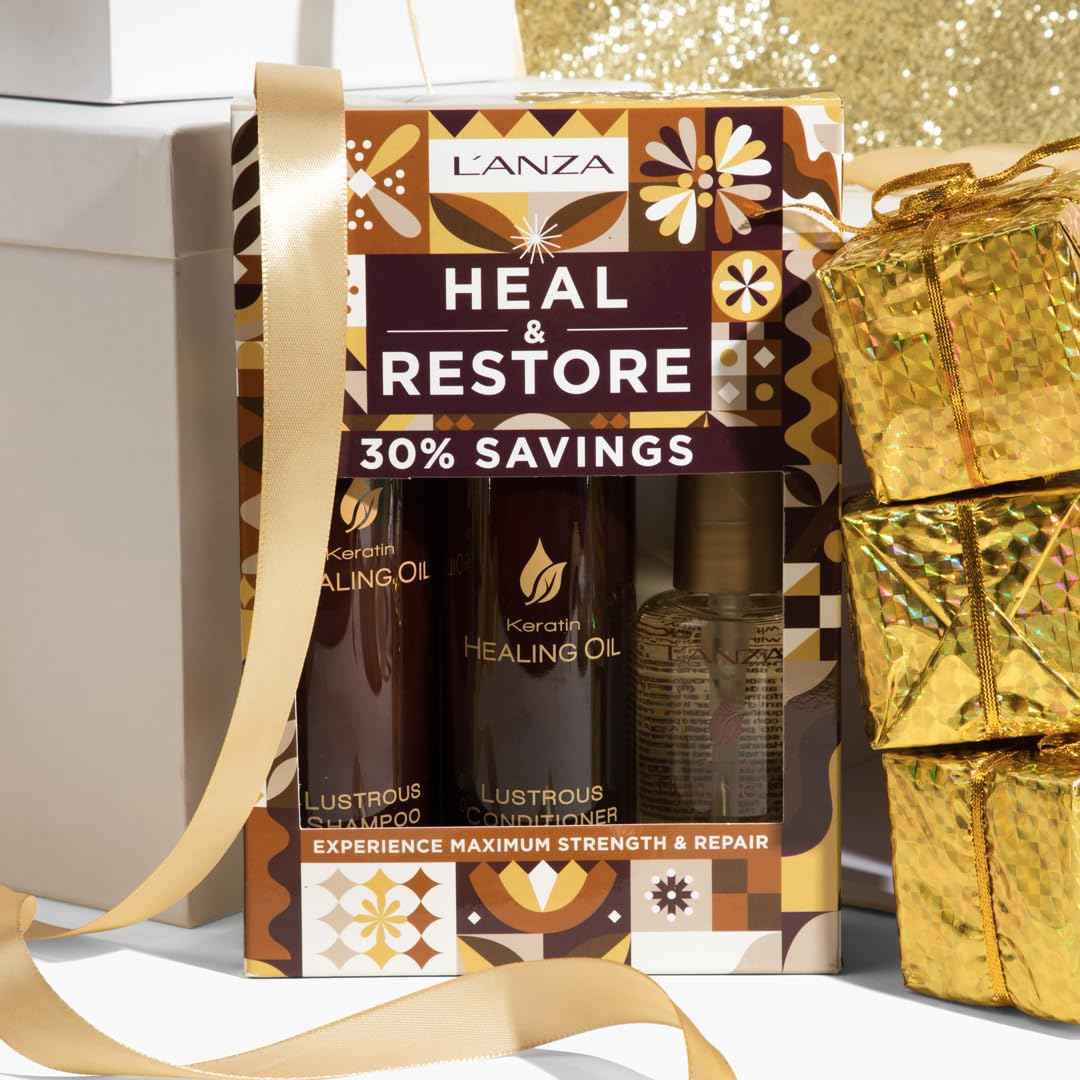 L'ANZA Keratin Healing Oil Trio Hair Kit, Restorative Lustrous Shampoo, Conditioner & Keratin Oil Treatment Serum in a Gift Box, Luxury Hair Care Kit For Dry, Damaged Locks (10.1/8.5/3.4 Fl Oz)