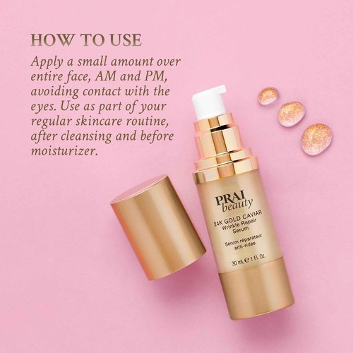 PRAI Beauty 24K Gold Caviar Wrinkle Repair Serum for Face | Anti-Aging Serum with Hyaluronic Acid to Plump and Fill In Wrinkles | Anti-Wrinkle Serum with Vitamin C for Brighter, Firmer Skin | 1.7 Oz