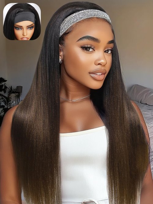 YIROO Headband Human Hair Wig Ombre Brown Yaki Straight Glueless Put on and Go Wigs with Dark Roots Drawstring Chestnut Brown 12A Highlight No Lace No Glue 30S Ready to Wear Headband Wigs 18Inch
