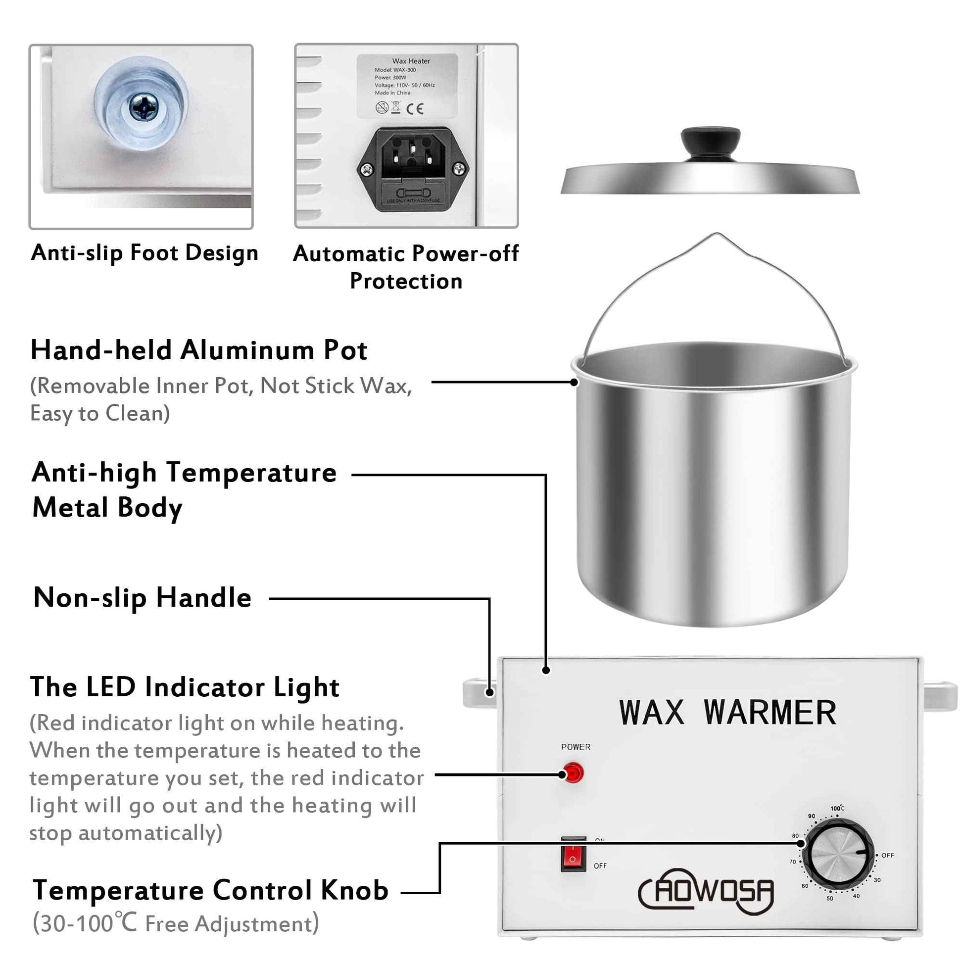 Large Single Wax Warmer Professional 3L Electric Wax Heater Machine Hold 5.5 Lbs Wax for Hair Removal, Large Wax Pot Paraffin Facial Skin Body SPA Salon Equipment with 100 Wax Sticks