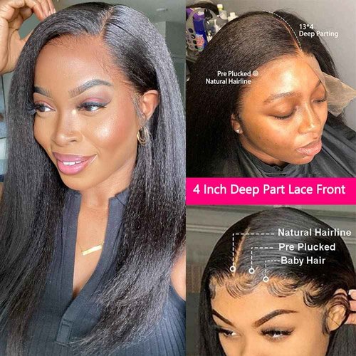 GOLFMAX Kinky Straight Lace Front Wigs Human Hair Pre Plucked With Baby Hairs 180% Density Yaki Straight 13x4 Transparent HD Glueless Lace Wig Human Hair Wigs For Black Women 24 Inch