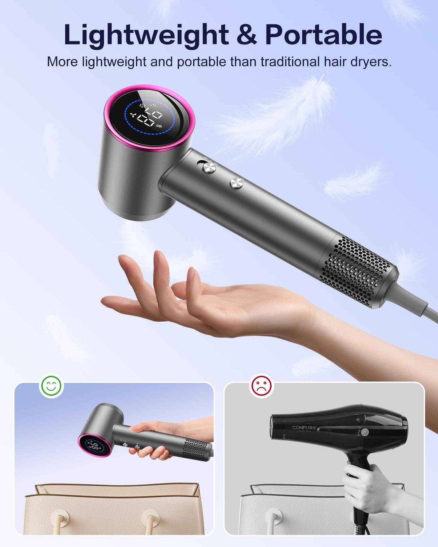 Hair Dryer,180000 RPM High-Speed Blow Dryer 500 Millions Negative Ionic Care Hair Dryer for Fast Drying, 50dB Low Noise Thermo-Control Hairdryer with Magnetic Diffuser & Nozzle for Women Salon Gray