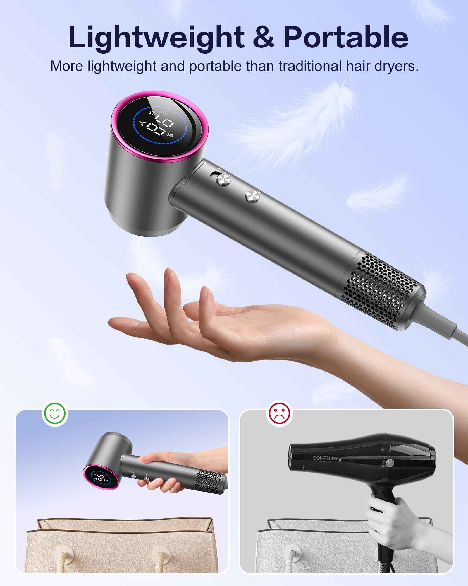 Hair Dryer,180000 RPM High-Speed Blow Dryer 500 Millions Negative Ionic Care Hair Dryer for Fast Drying, 50dB Low Noise Thermo-Control Hairdryer with Magnetic Diffuser & Nozzle for Women Salon Gray