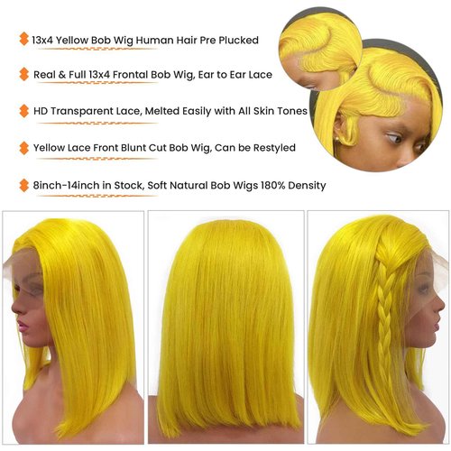 Licoville Yellow Bob Lace Front Wigs Human Hair 12 Inch Silky Straight Yellow Bob Wig 13x4 HD Frontal Lace Wig Pre Plucked Wear and Go Glueless Shor Bob Wigs Human Hair180% Density