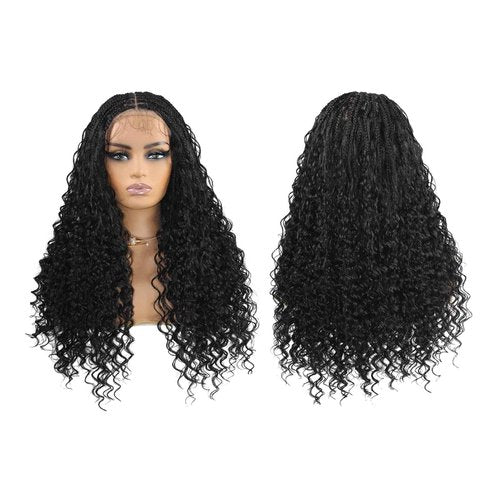 Miz Barn 360 Full Lace Front Knotless Boho Box Braid Wigs Synthetic Lightweight Twist Braided Wig With Curly Ends Swiss Lace Braids Wigs With Baby Hair For Black Women (1B, 24")