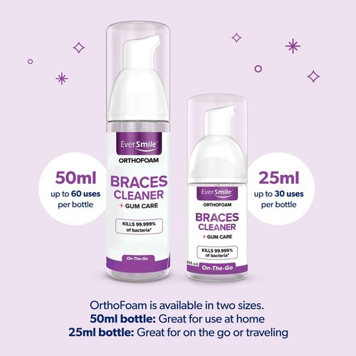 EverSmile OrthoFoam Braces Cleaner — Brushable Foam Whitens Teeth, Eliminates Bacteria, Fights Plaque and Bad Breath – Cleans Under Metal, Ceramic, Clear Brackets and Wires – 50ml (4 Pk)