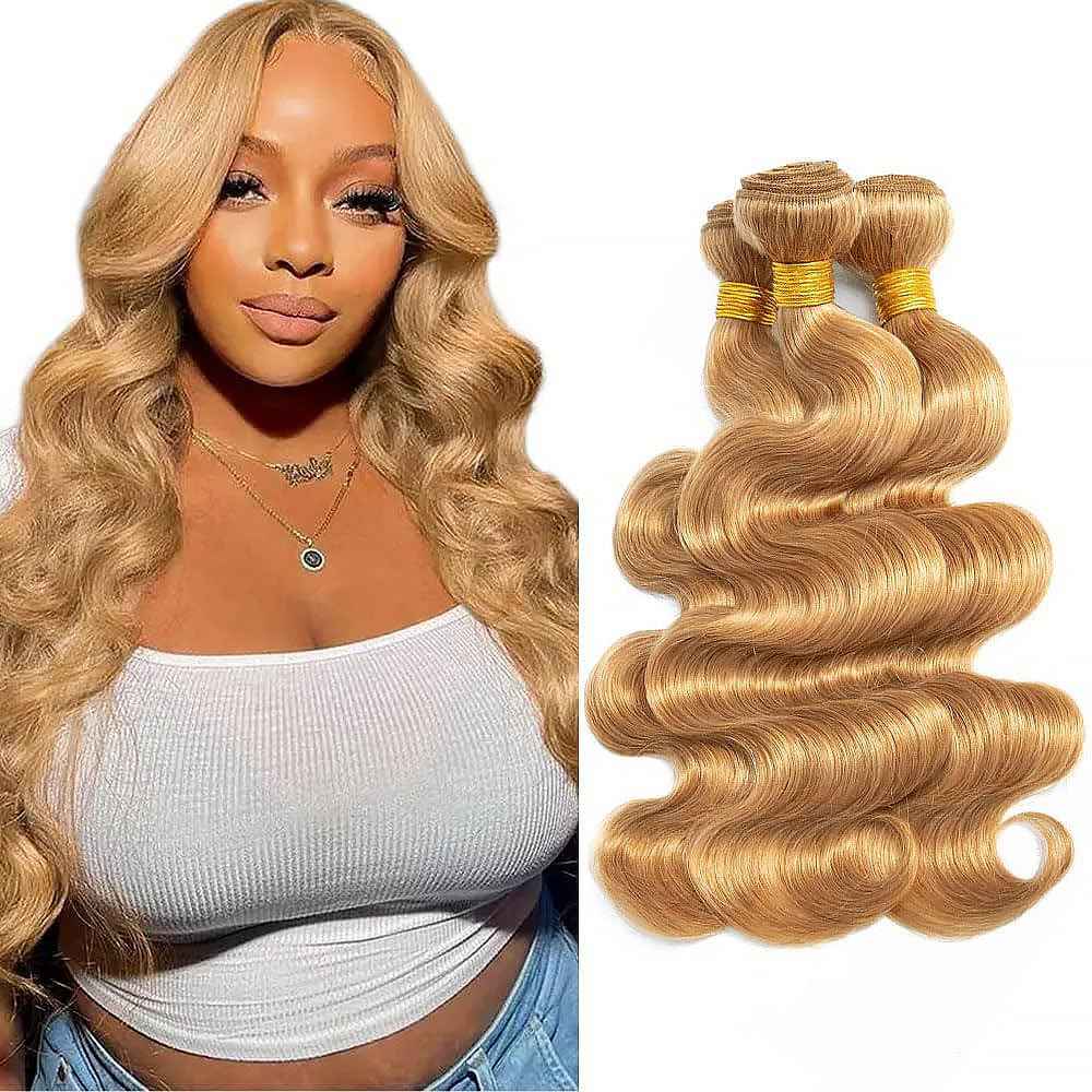 Honey Blonde Human Hair Bundles 28 30 32 Inch Body Wave Bundles Human Hair Unprocessed Native Virgin Hair 100/PC 3 Extensions #27 Blonde Color Wet and Wavy Human Hair Extensions for Women