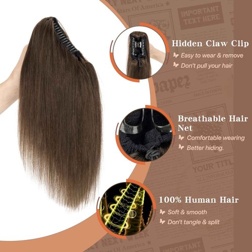 TESSHAIR Claw Clip In Ponytail Extension, 100% Human Hair Ponytail Extension, No Tangle & Smooth, 115g, 18 Inch #Dark Brown