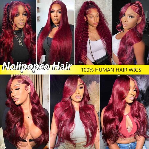 Nollipopco 30inch 99j burgundy lace front wigs human hair 13x6 HD Body Wave Lace Front Wigs Human Hair 200 Density Pre Plucked Glueless Frontal Wigs Human Hair for Black Women