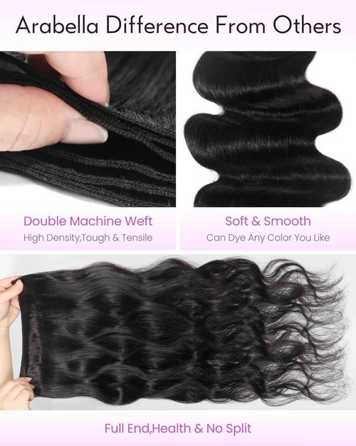 Arabella 3 Body Wave Bundles Human Hair 16 18 20 Inch Natural Black Bundles 100% Unprocessed Brazilian Virgin 10A Weave Sew in Double Weft Human Hair Bundles
