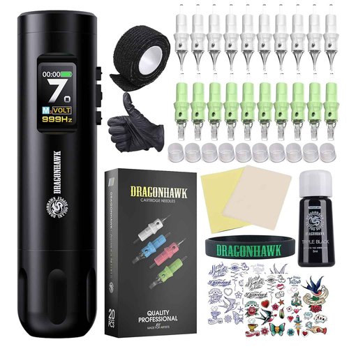 Dragonhawk Tattoo Kit X7 Tattoo Gun Kit Pen Machine Wireless Rotary Complete Tattoo Kit Smart Display 2 Replaceable Batteries 1,800mAh - Brushless Tattoo Motor by Mcore